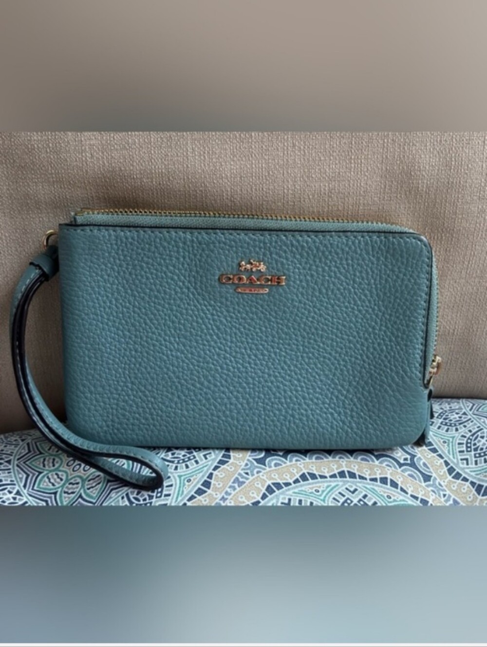 Coach Pebbled Leather Double Zipper Wristlet Clutch in Teal NWOT